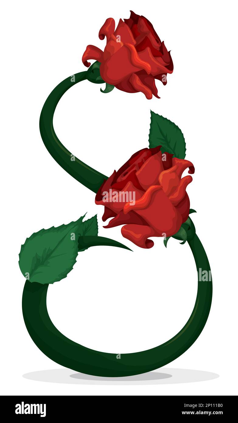 Abstract Nummer acht mit langem, grünem Stiel, Blättern und roten Rosen zum Gedenken an den Frauentag am 8. März. Stock Vektor