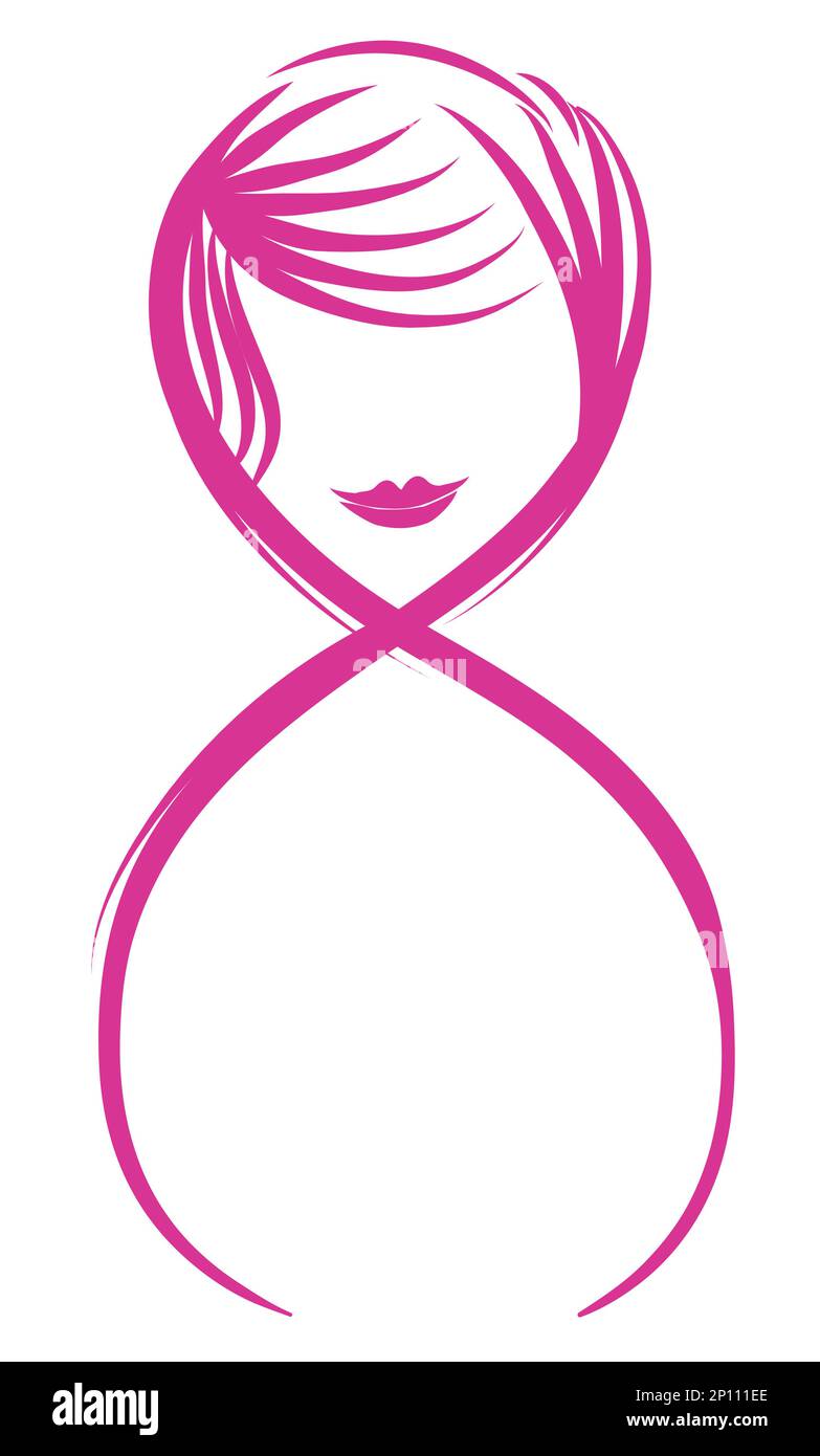 Rosa Nummer acht und Silhouette eines weiblichen Gesichts mit langen Haaren in Reihen, zum Gedenken an den Frauentag - oder 8M -. Stock Vektor