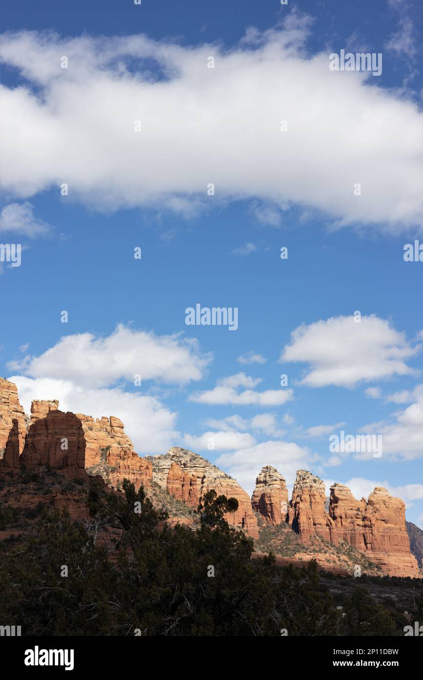 Rote Felsen von Sedona, Arizona, mit geschwollenen weißen Wolken am blauen Himmel. Stockfoto