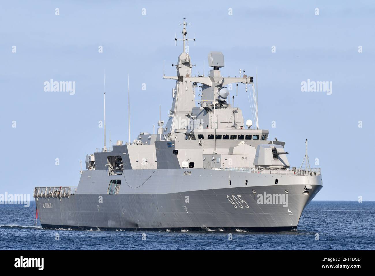 Die Meko 200-Fregatte AL-QAHHAR der ägyptischen Navy führt Seatriale am Kiel Fjord auf Stockfoto