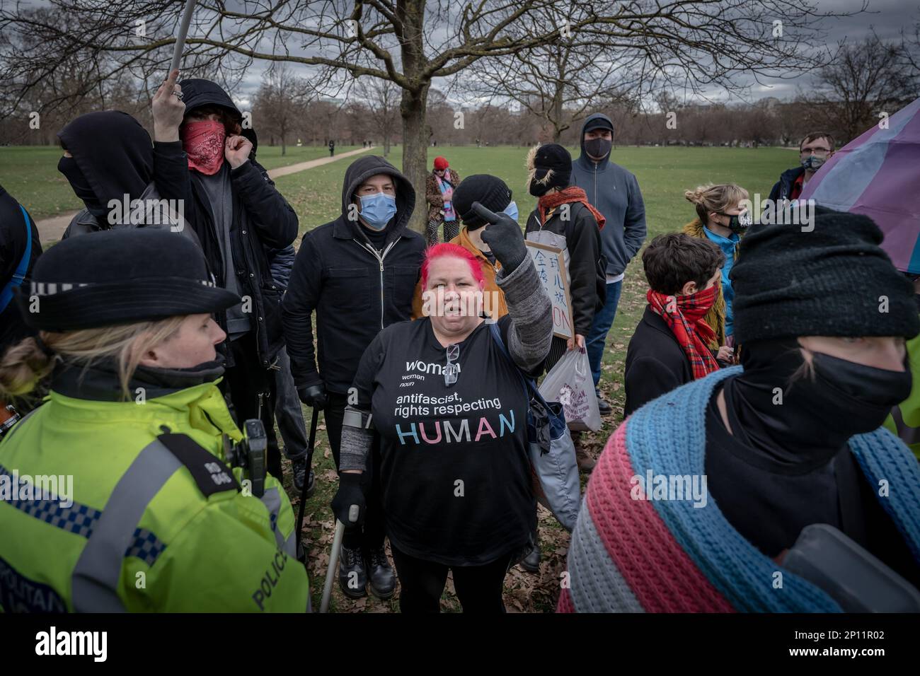 Transgender Rights-Aktivisten bekämpfen Proteste und kämpfen mit dem Rang für Frauen Feministinnen in der Nähe des Reformers' Tree in Hyde Park, London, Großbritannien. Stockfoto