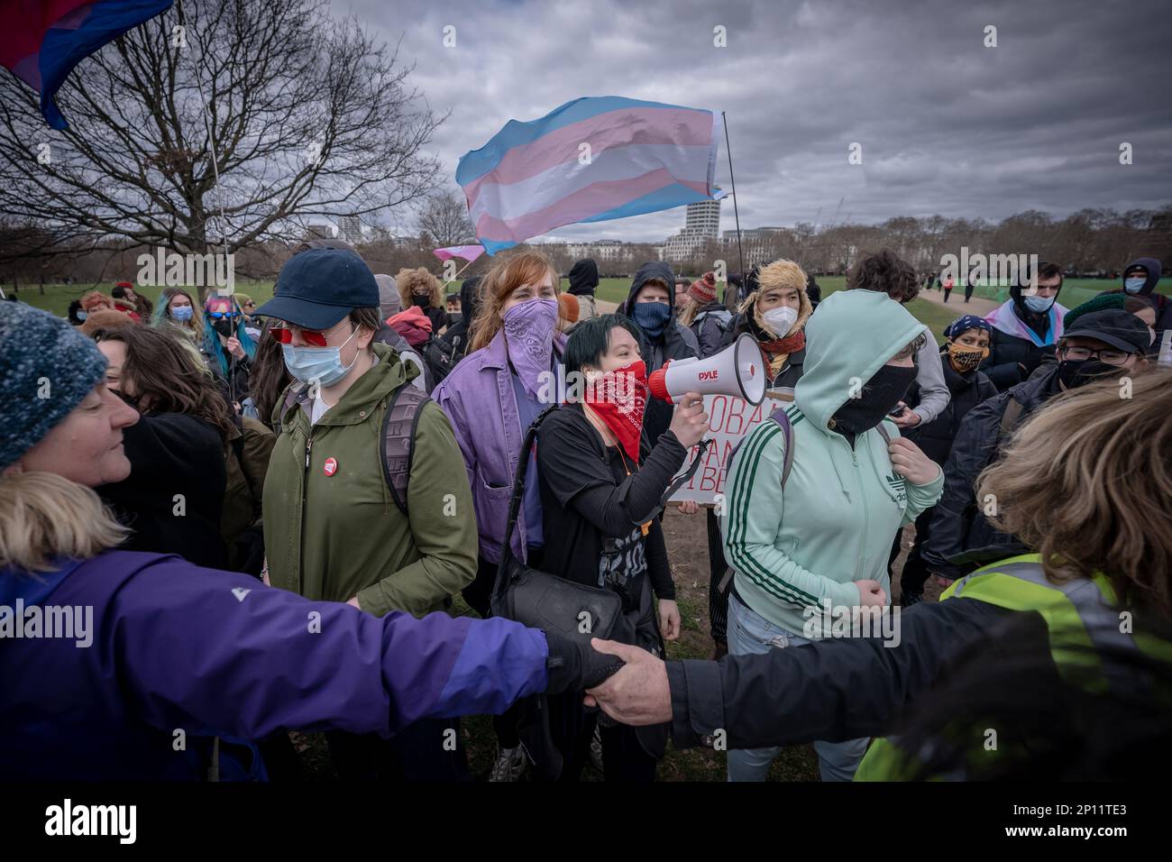 Transgender Rights-Aktivisten bekämpfen Proteste und kämpfen mit dem Rang für Frauen Feministinnen in der Nähe des Reformers' Tree in Hyde Park, London, Großbritannien. Stockfoto