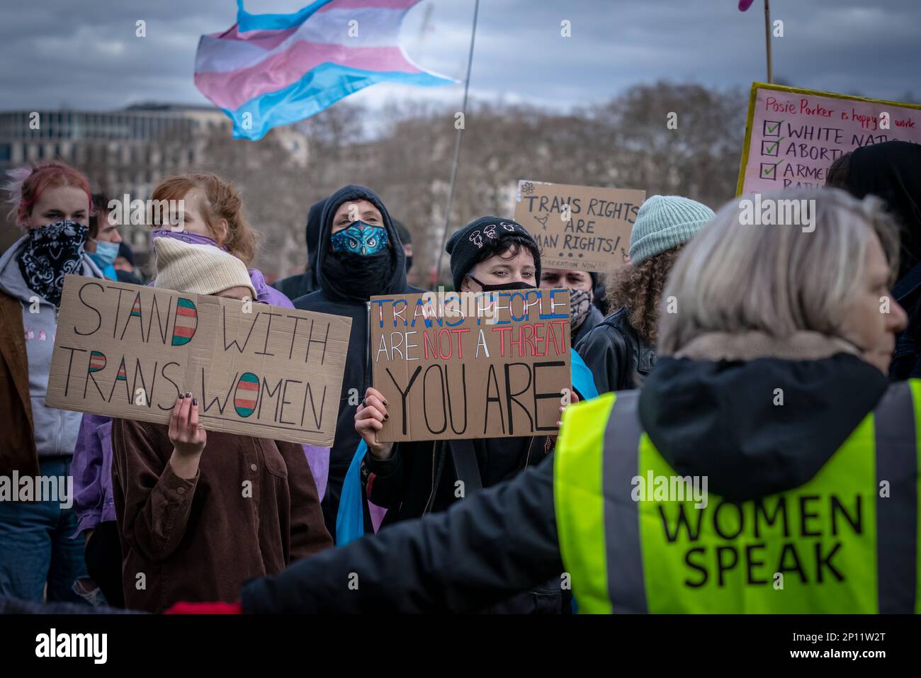 Transgender Rights-Aktivisten bekämpfen Proteste und kämpfen mit dem Rang für Frauen Feministinnen in der Nähe des Reformers' Tree in Hyde Park, London, Großbritannien. Stockfoto