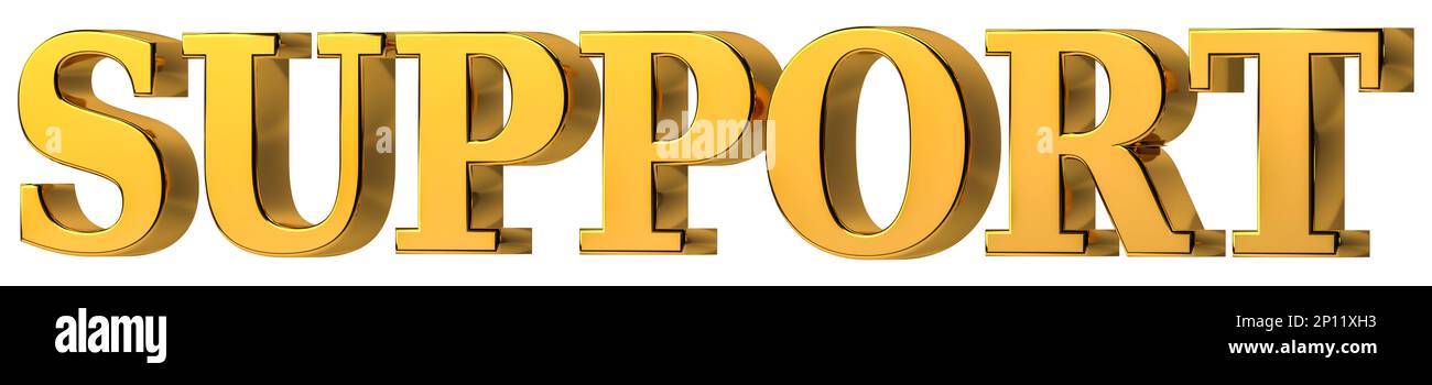 UNTERSTÜTZUNG für goldene Wörter isoliert auf weißem Hintergrund Stockfoto