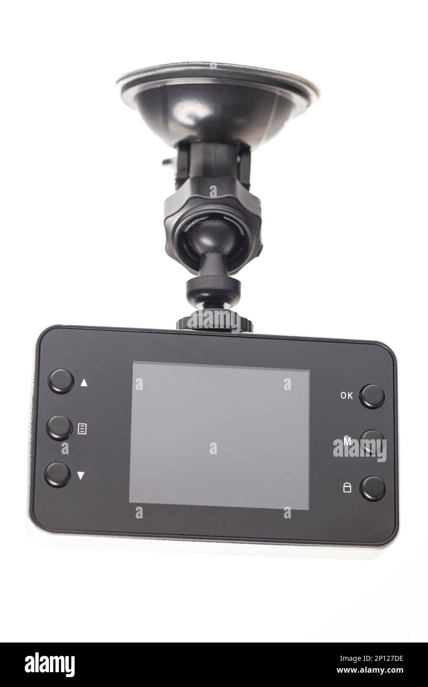 Videorekorder für Autokamera isoliert auf weißem Hintergrund. Stockfoto