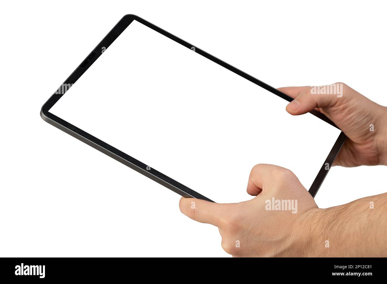 Modell eines Tablets in der Hand mit Nahaufnahme des leeren Bildschirms von der Seite Stockfoto