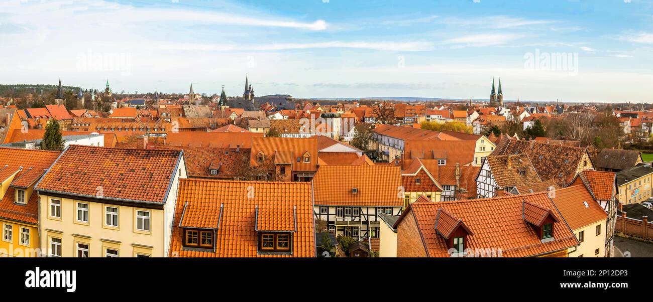 Blick über Quedlinburg, Bezirk Harz im Westen von Sachsen-Anhal. Stockfoto