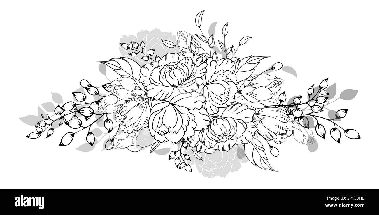 Blumiger Hintergrund, blumige Zusammensetzung, blumiger Hintergrund mit zarten Blüten und Knospenzweigen. Von Hand zeichnen Stockfoto