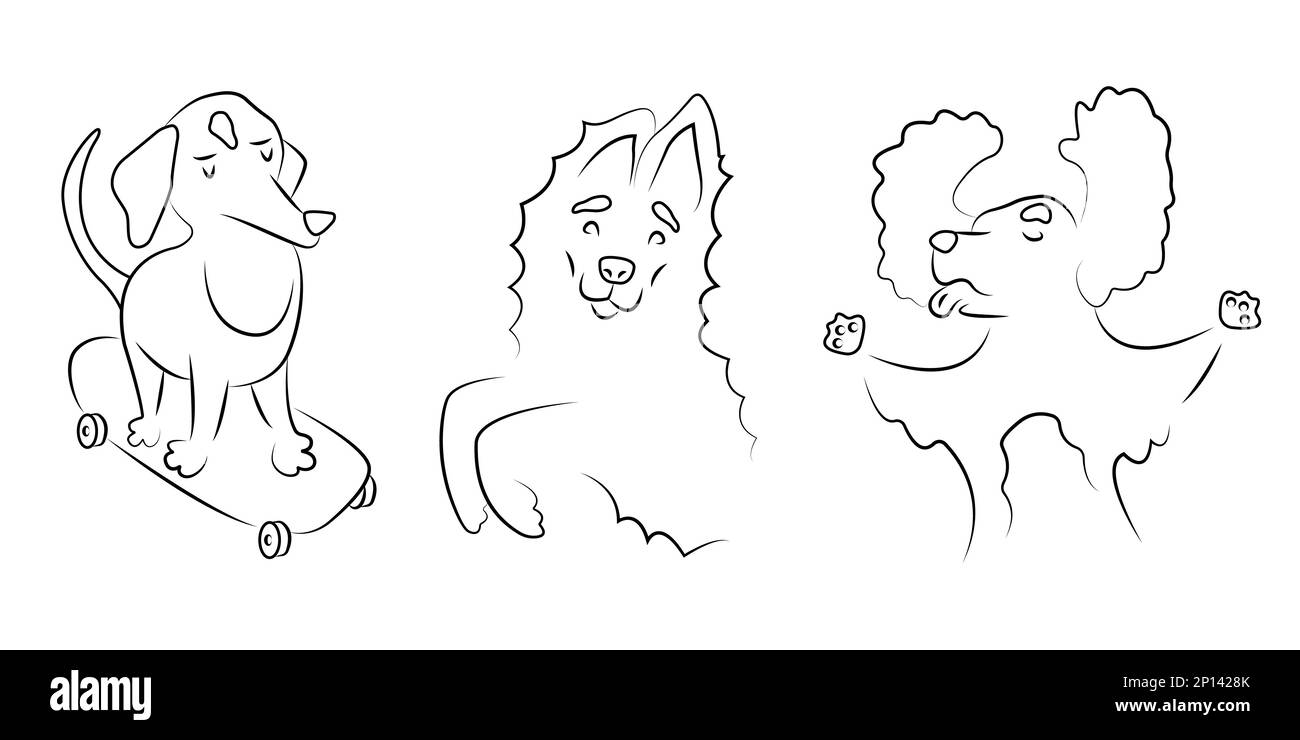 Sammlung linearer Illustrationen verschiedener Hunderassen. Linien-PET-Symbole eingestellt. Lustige Tiere spielen und streiten sich. Plakate für Hundefreunde. Logo von Stock Vektor