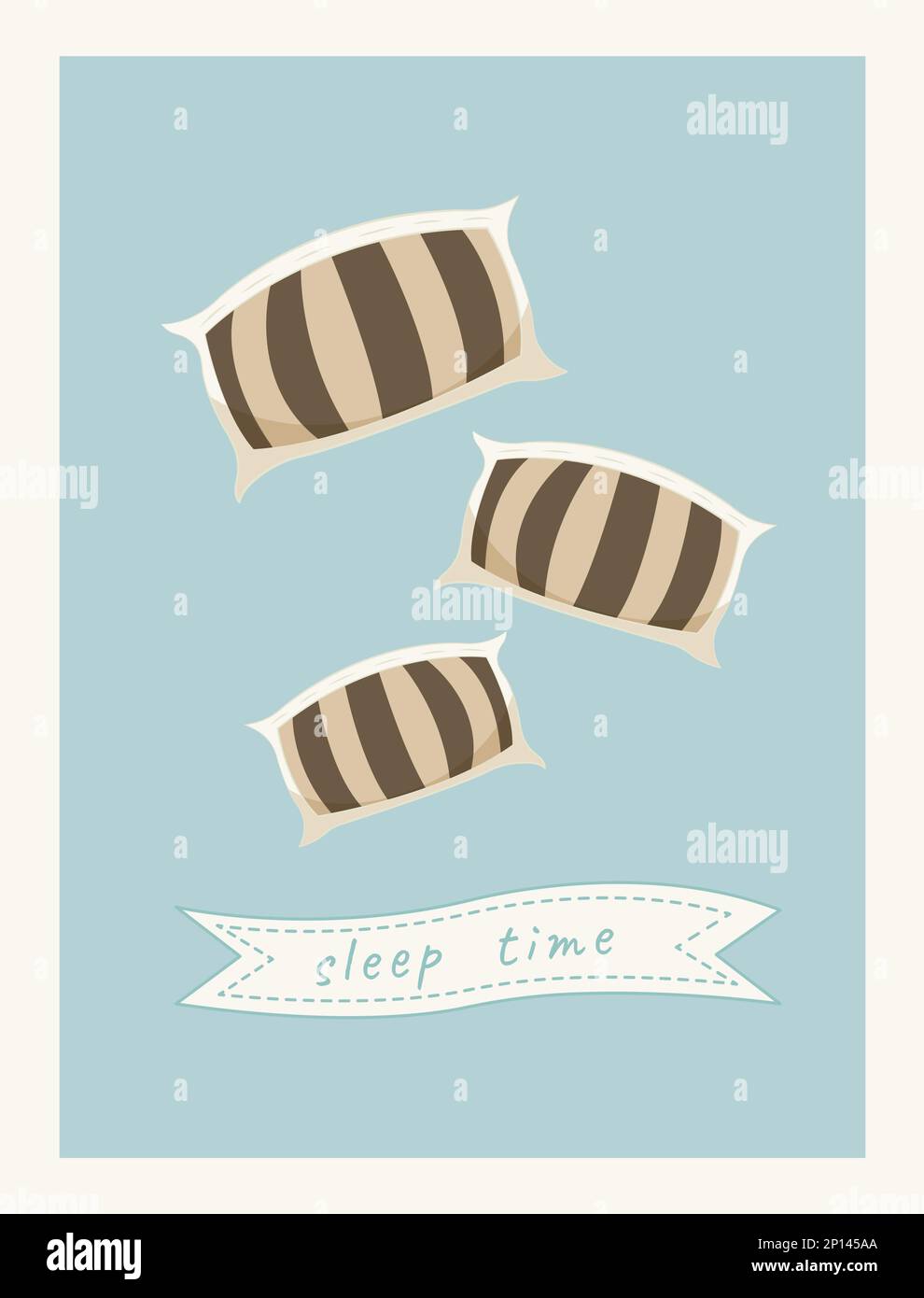 Die Kissen fliegen in die Luft. Kissen im Schlafzimmer. Süßes und gemütliches Poster für ein Kinderzimmer. Druck für Geschenkgutscheine, Waren, Babyprodukte. Logo Stock Vektor