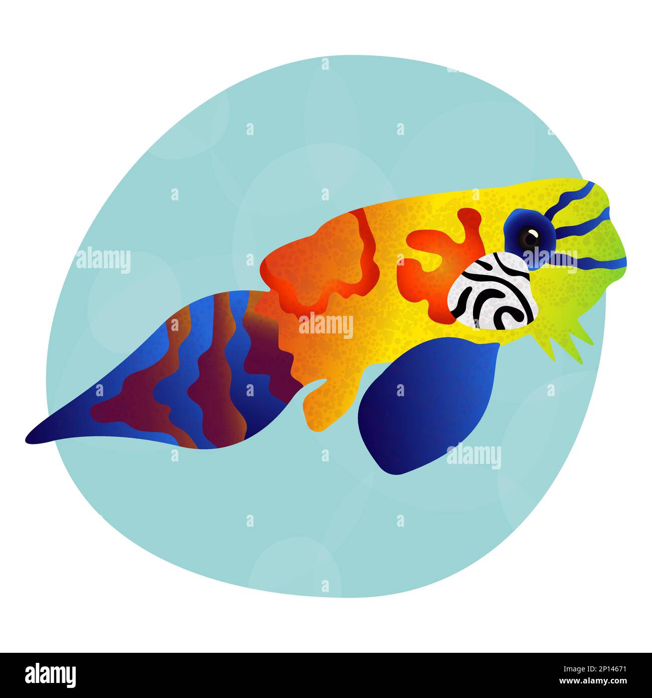 Einzigartige und ungewöhnliche helle tropische Mandarinen. Meeresfische mit farbenfroher Dekoration. Cooles Muster für Kleidung, Tassen, Teller, Waren. Meereswelt. Logo für Stock Vektor