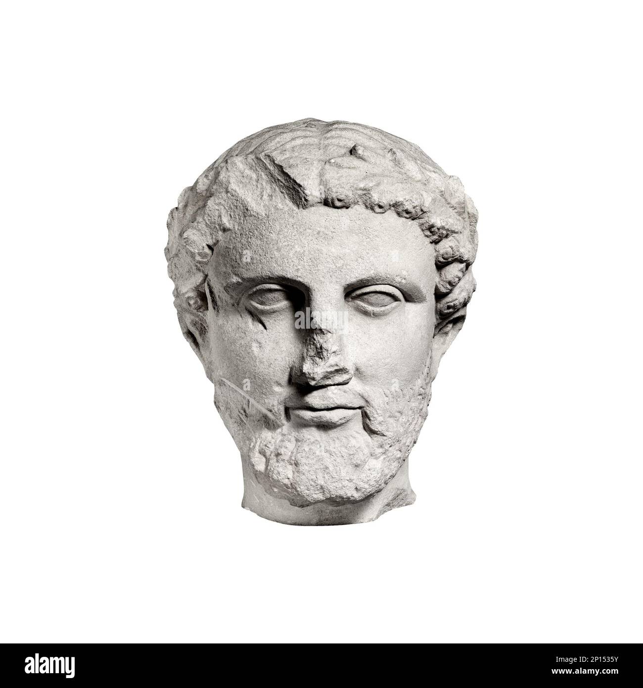 Der Kopf eines alten klassischen griechischen Philosophen hat einen isolierten Blick nach vorne, ein schwarz-weißer, bärtiger Kopf aus Kalkstein mit einem Kranz aus Blättern Stockfoto