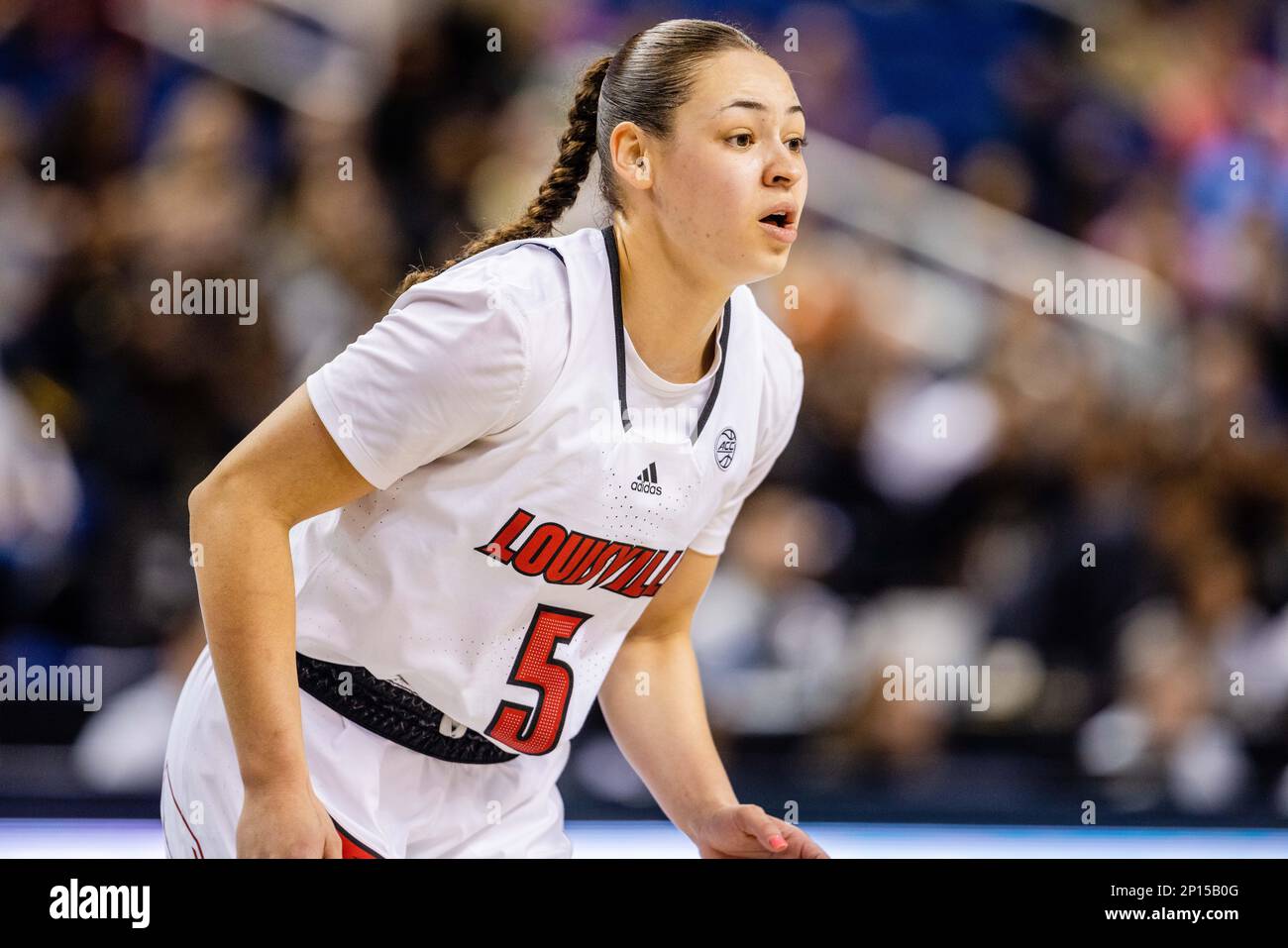 Greensboro, NC, USA. 3. März 2023. Die Louisville Cardinals bewachen Mykasa Robinson (5) während des Viertelfinals des Women's ACC Tournament gegen die Wake Forest Demon Deacons im Greensboro Coliseum in Greensboro, NC. (Scott Kinser/Cal Sport Media). Kredit: csm/Alamy Live News Stockfoto