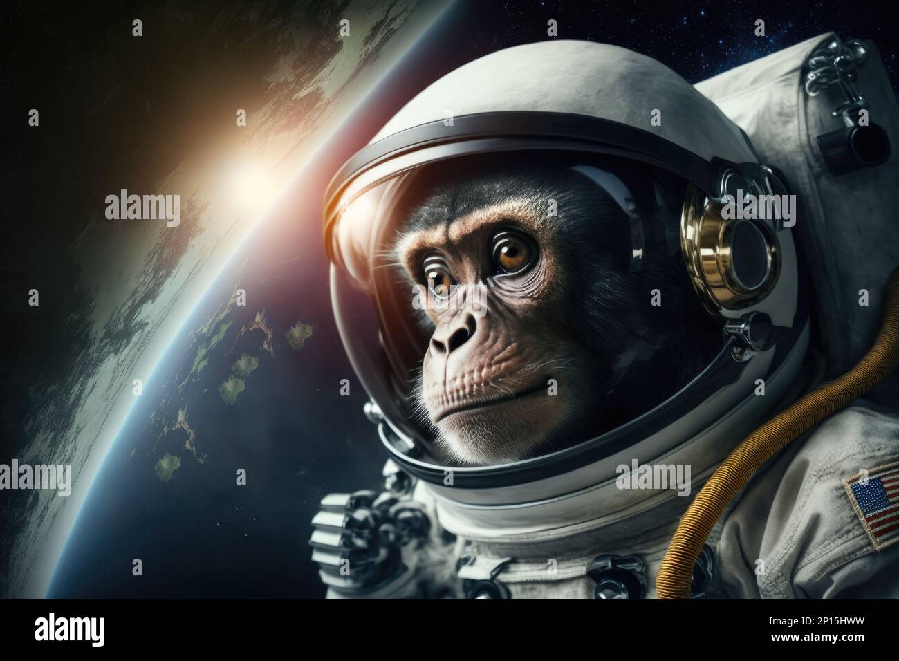 Ein Affen-Astronaut, der im Weltraum schwebt, mit dem Planeten Erde im Hintergrund, ein niedliches und fesselndes Bild Stockfoto