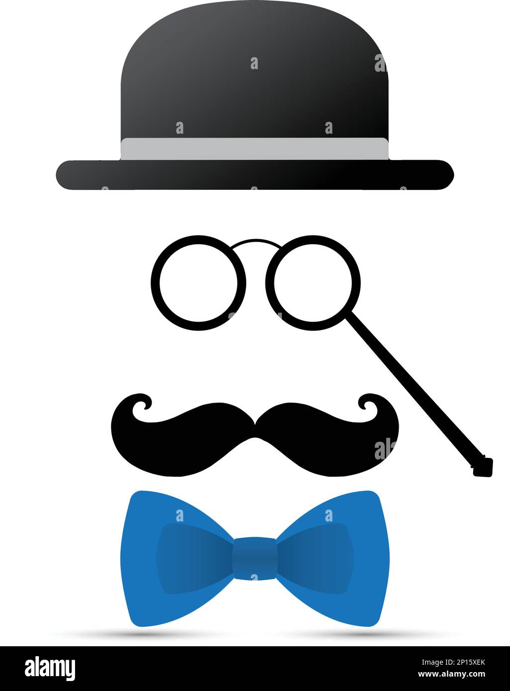 Schwarzer Schnurrbart, Lorgnette, Hut und blaue Fliege auf weißem Hintergrund Stock Vektor