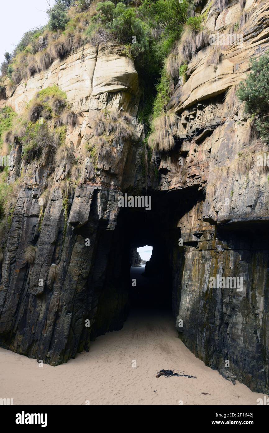 Bemerkenswerte Höhlen unter den Klippen verbinden die Küste mit dem Meer, ausgehöhlt durch Wellenbewegungen. Stockfoto