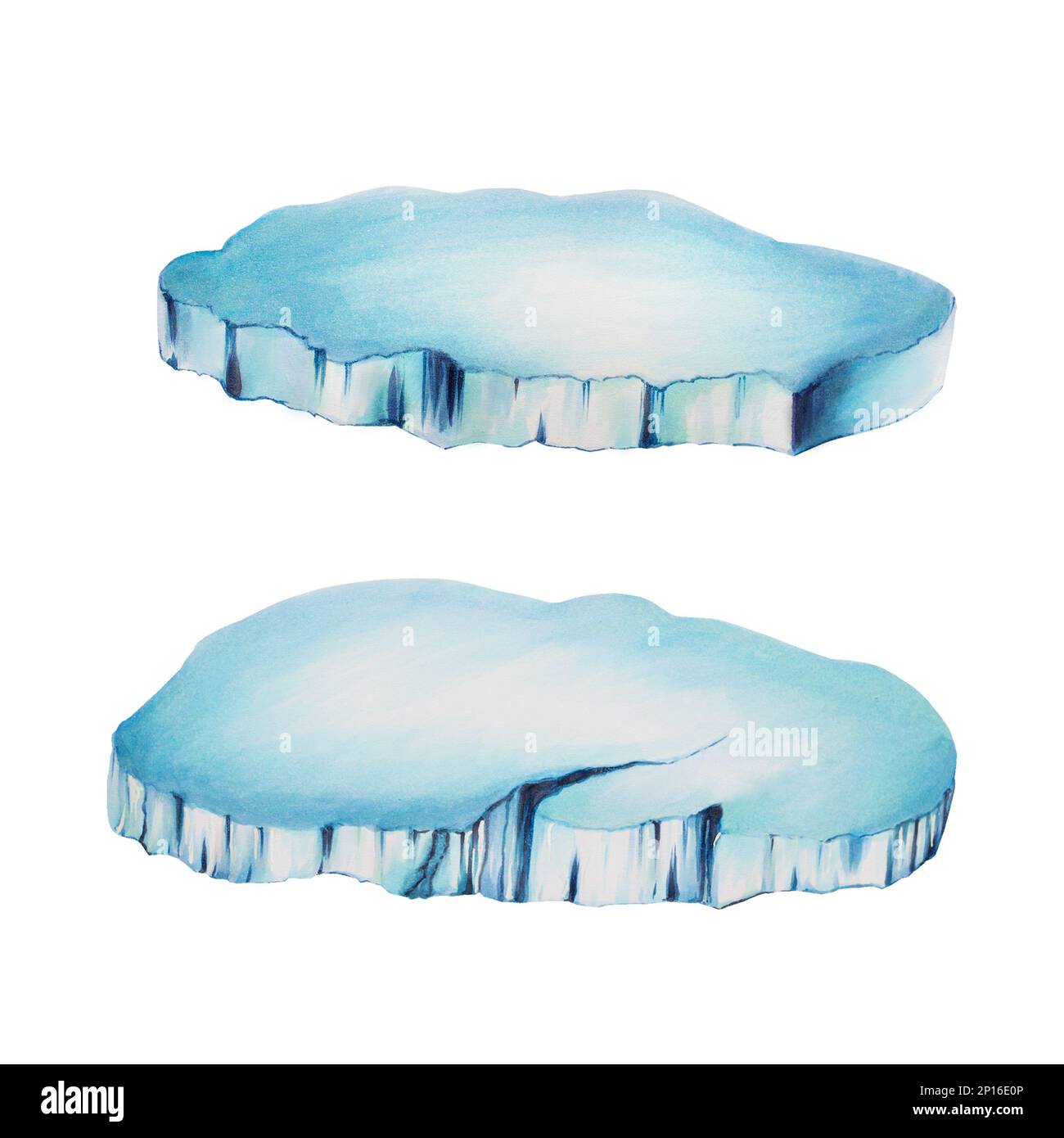Eisschollen in Aquarellfarben. Mit der Hand einen Eisblock auf einem weißen, isolierten Hintergrund zu malen. Für Designer, Dekoration, Postkarten, Geschenkpapier Stockfoto