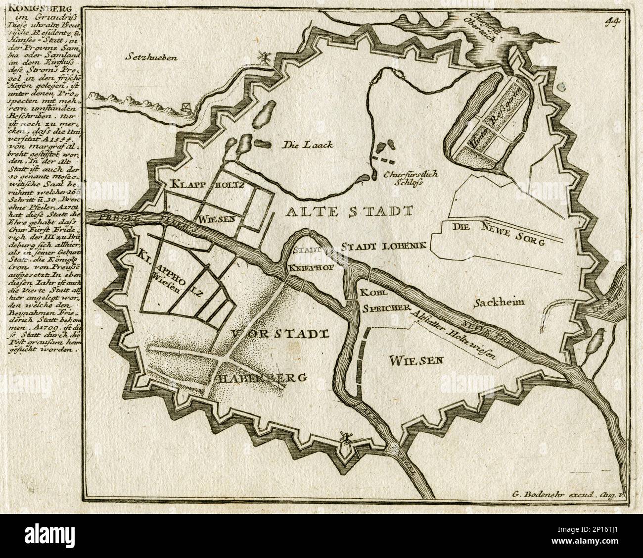 Europa, Russland, Karte von Königsberg , Kaliningrad ( gehörte bis 1945 zu Deutschland , Ostpreußen ), Kupferstich von G. Bodenehr, Ca. 1720. / Europa, Russland, Karte von Kaliningrad, bis 1945 Königsberg, Ostpreußen, Copperplate-Gravur von G. Bodenehr, um 1720 . Stockfoto
