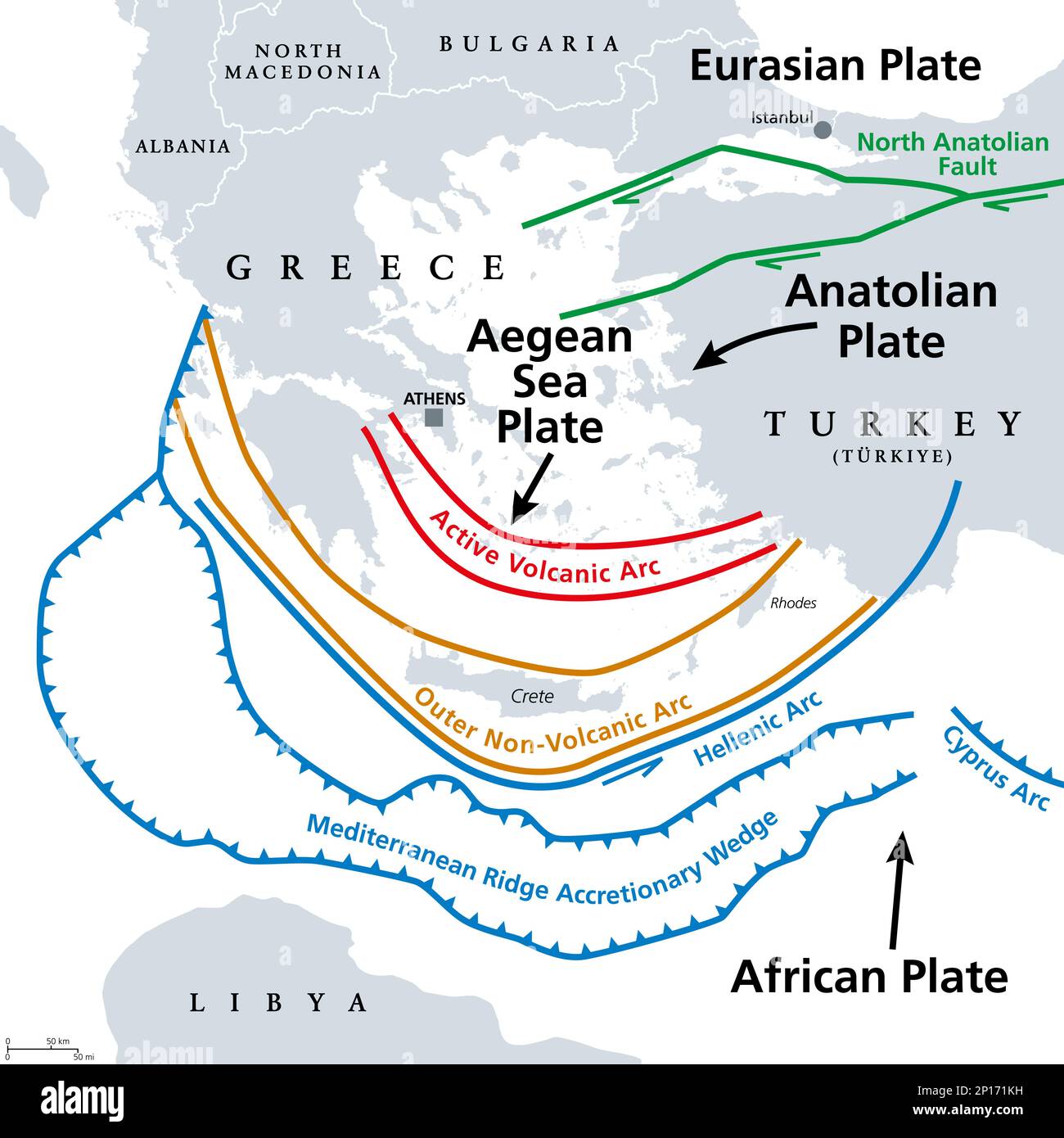 Ägäisches Meeresschild und Hellenischer Bogen, graue tektonische Karte. Aegean oder auch Hellenic Plate, eine kleine tektonische Platte, die sich im östlichen Mittelmeer befindet. Stockfoto