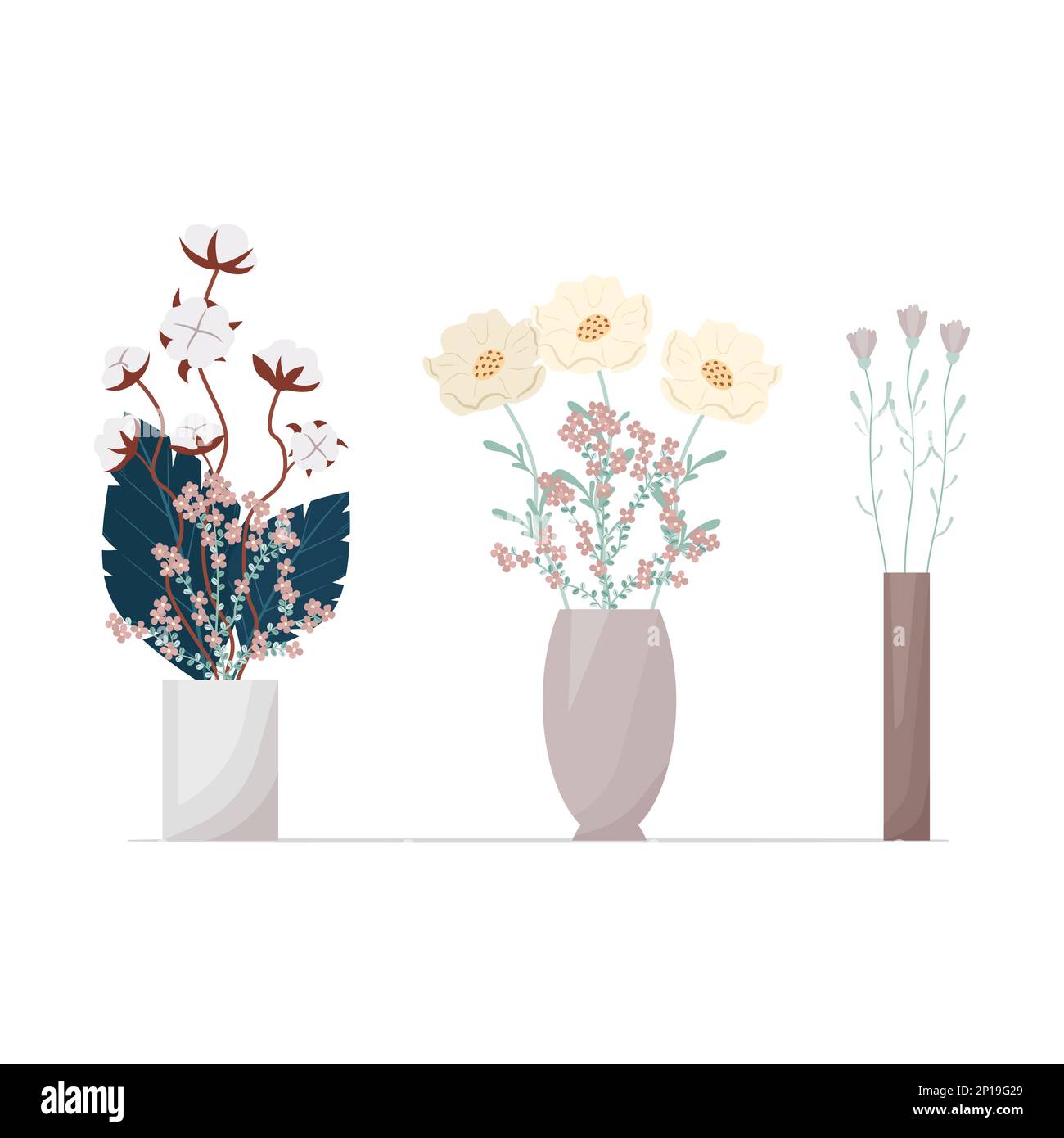 Blumenset in Vasen im Boho-Stil. Zur Zusammensetzung der Blumenvektordarstellung. Sträuße aus Trikottchen, Baumwolle, verschiedene dekorative Blätter und Zweige Stock Vektor