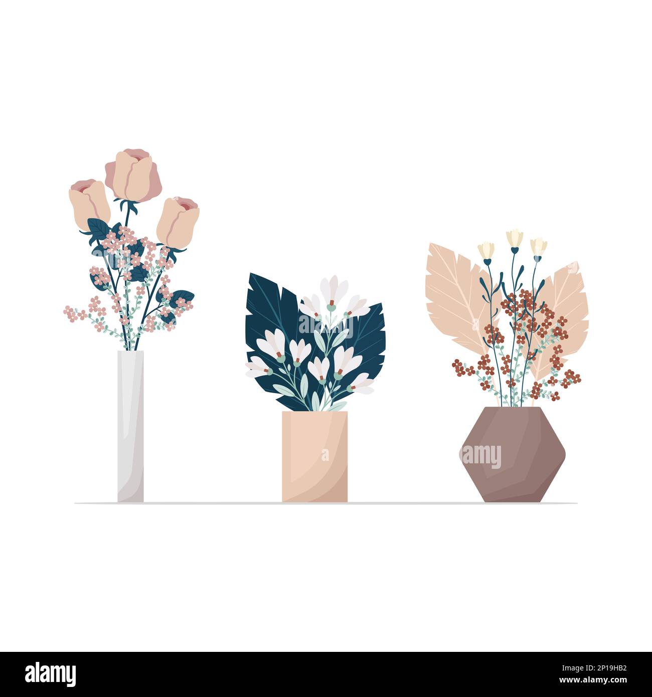 Blumenset in Vasen im Boho-Stil. Zur Zusammensetzung der Blumenvektordarstellung. Sträuße aus Trikottchen, Baumwolle, verschiedene dekorative Blätter und Zweige Stock Vektor