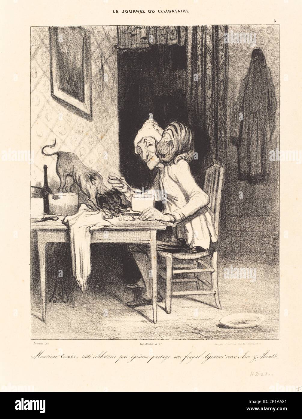 Singles' Day (La Journ&#xe9;e du C&#xe9;libataire) – Monsieur Coquelet... partage-Sohn... d&#xe9;Jeuner, 1839.Mr Coquelet teilt sein Mittagessen. Stockfoto