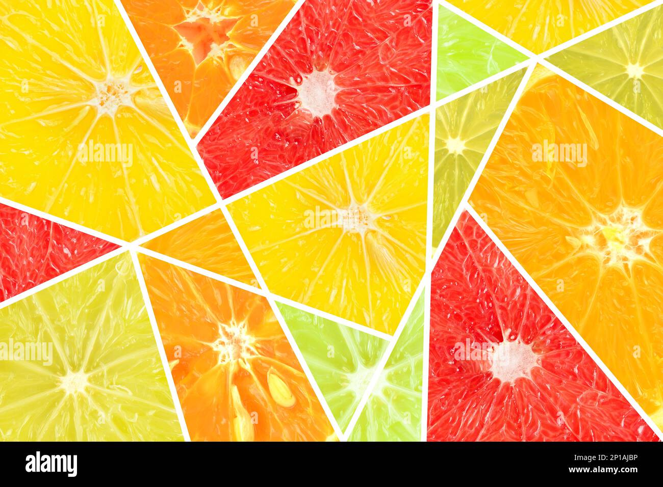 Zitrusmuster frische, reife Orangen, Zitronen, Tangerinen und Grapefruits. Fruchthintergrund. Stockfoto
