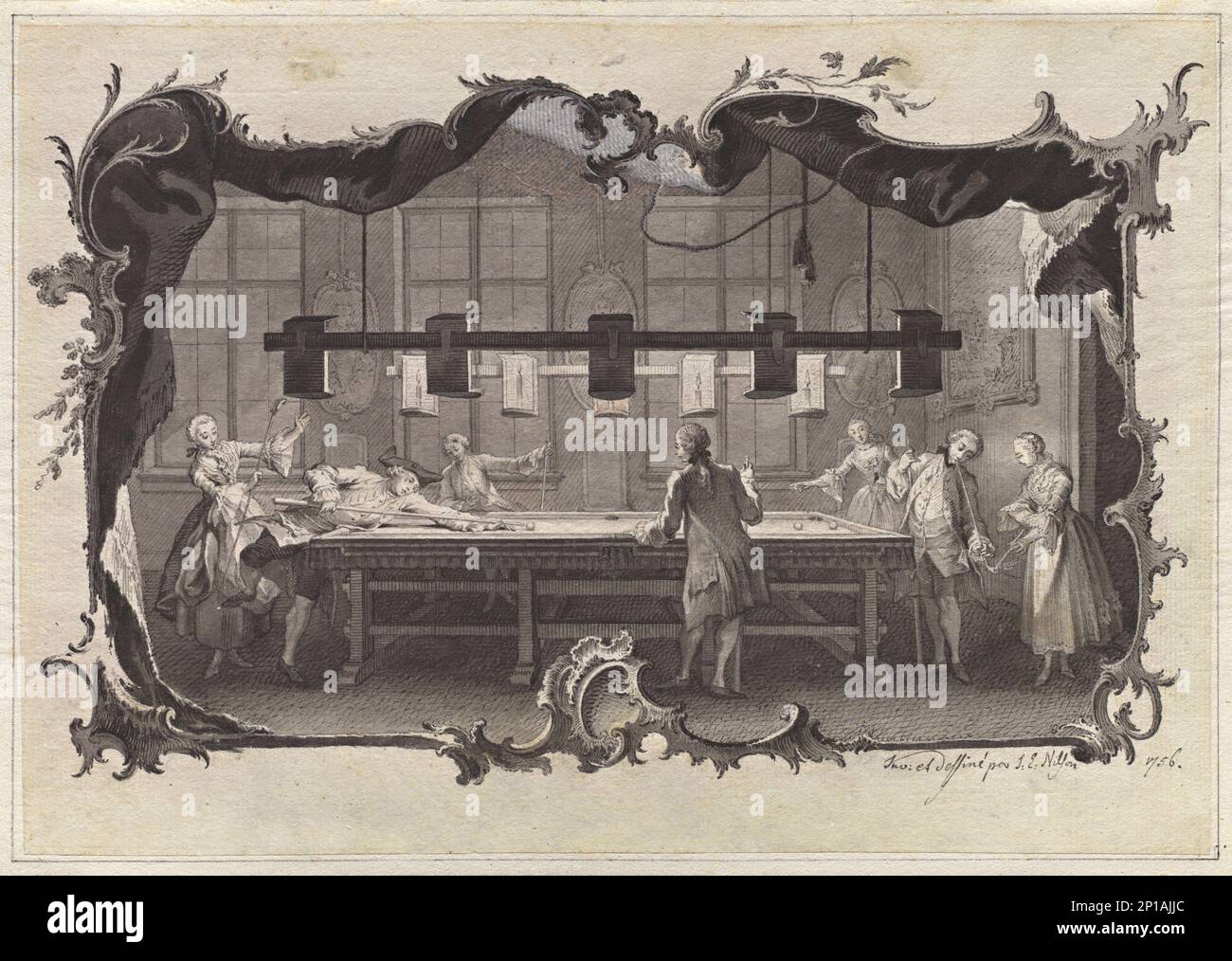 Ladys und Gentlemen spielen Billard, 1756. Stockfoto