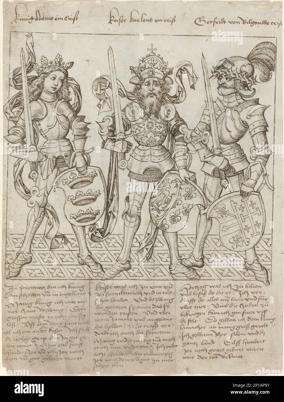 König Artus, Karl der große und Godfrey von Boulogne, 1492. Stockfoto