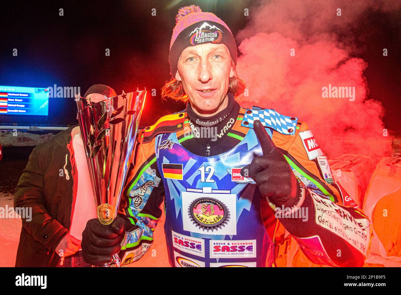 Der neue deutsche Champion Markus Jell während der Individual Ice Speedway Championship im Horst-Dohm-Eisstadion, Berlin, am Freitag, den 3. März 2023. (Foto: Ian Charles | MI News) Guthaben: MI News & Sport /Alamy Live News Stockfoto