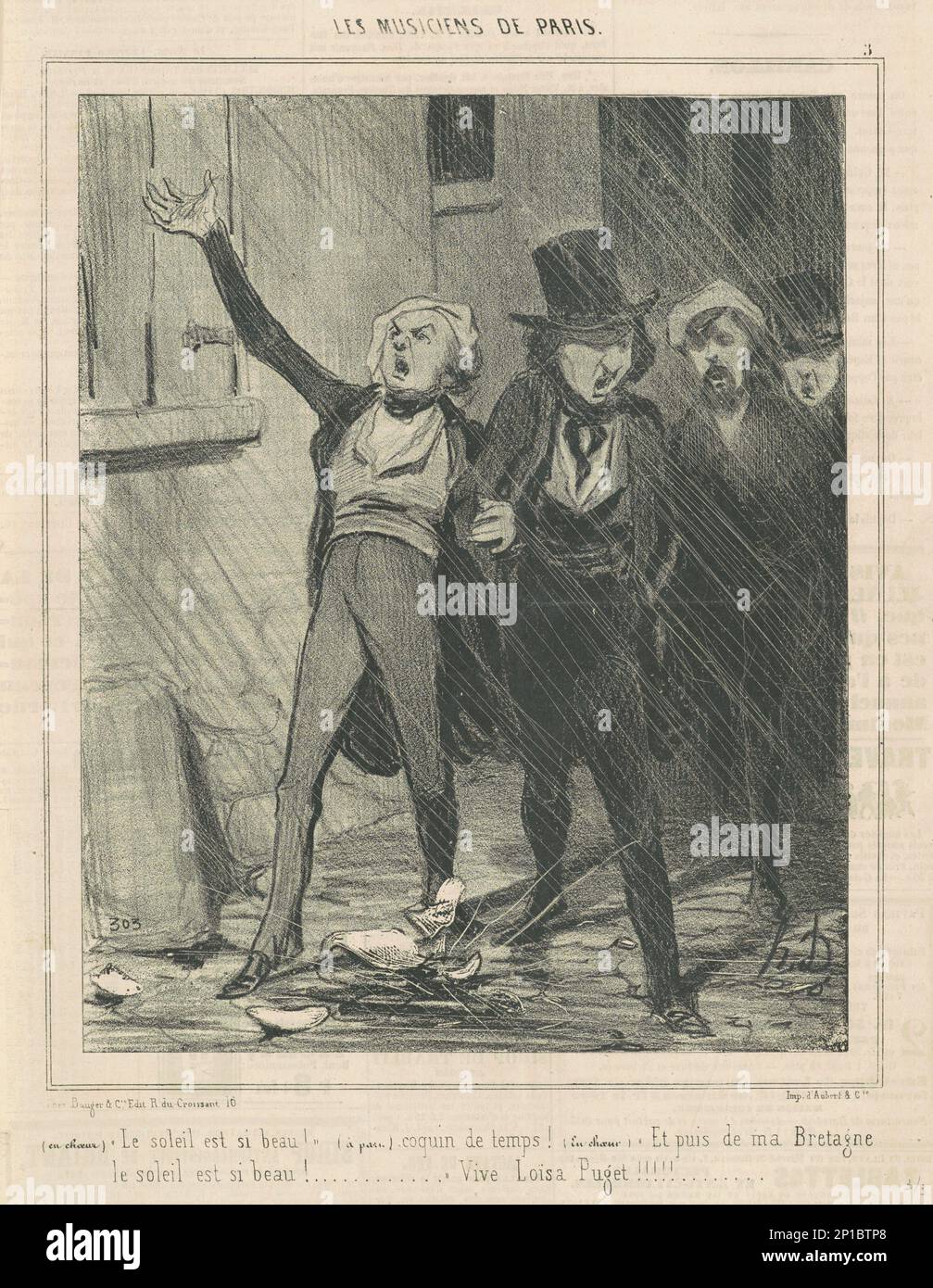 En choeur. Le soleil est si beau ... 19. Jahrhundert. Musiker von Paris. Über das Wetter sprechen, wenn eine Dachziegel vor ihnen auf den Boden fällt. (Im Chor): Die Sonne ist so schön!; (mit einer Seite gesprochen): Verdammtes Wetter!; (im Chor): Die Sonne ist so schön in meiner Bretagne!...lang lebe Loisa Puget! Stockfoto