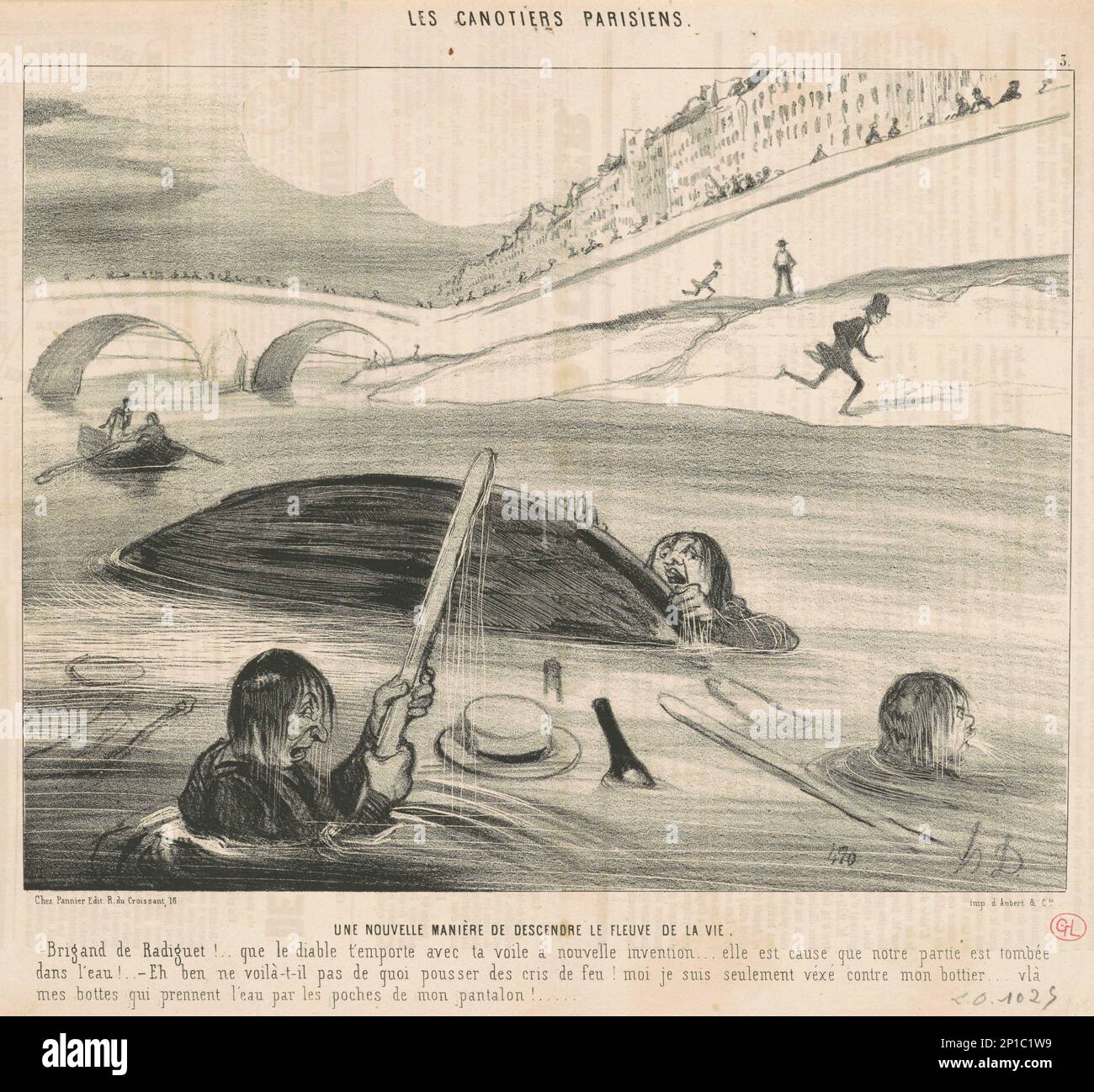 Une nouvelle mani&#xe9;re de descendre le fleuve de la vie, 19. Jahrhundert. Pariser Bootsfahrer - eine neue Art, den Fluss des Lebens hinunter zu gehen. Stockfoto