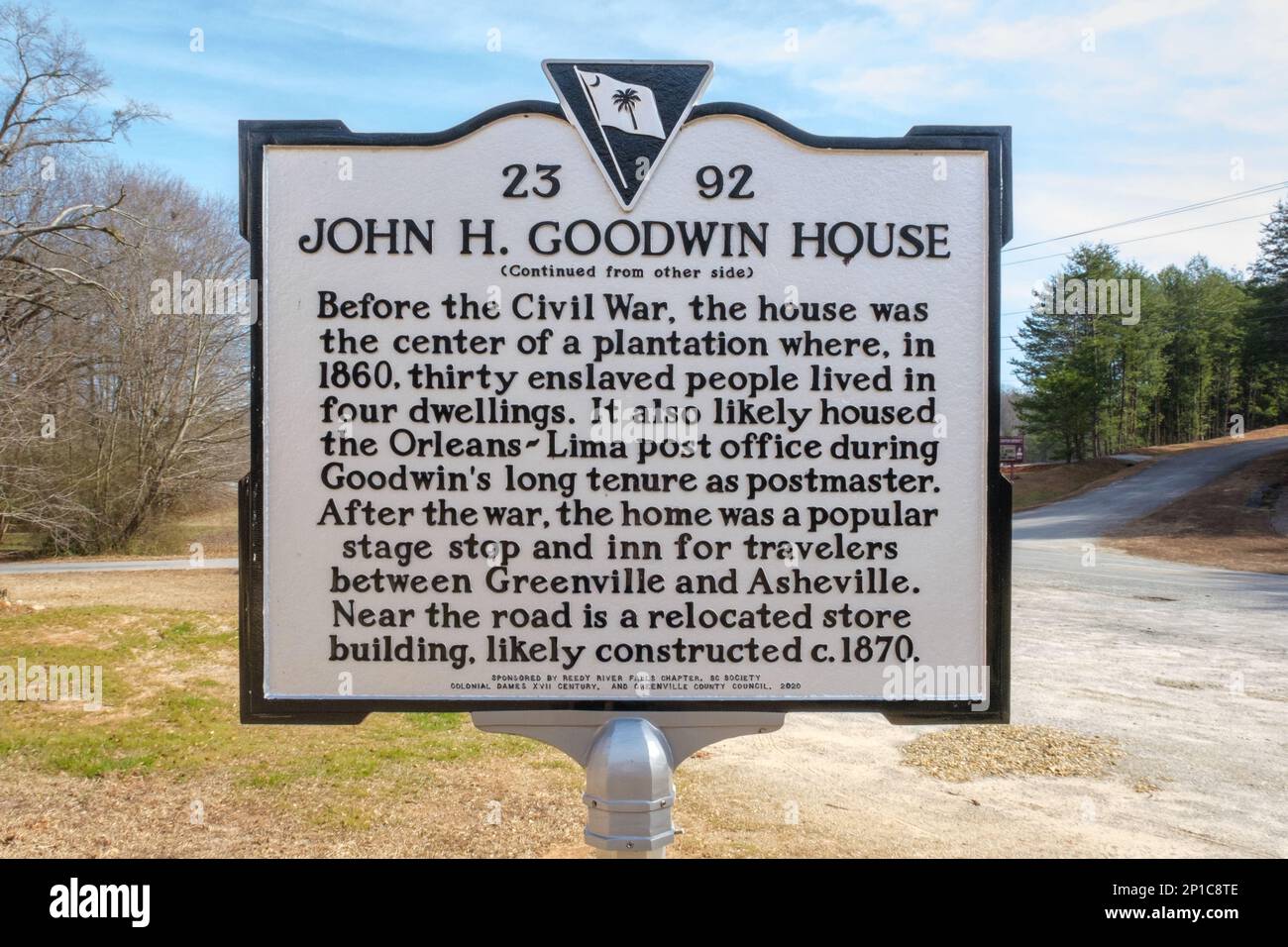 Das historische John H. Goodwin House-Schild, war eine Postkutschenhaltestelle und ein Gasthaus in Greenville County, South Carolina Stockfoto