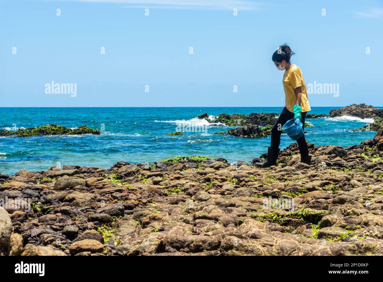 Salvador, Bahia, Brasilien - 27. Oktober 2019: Ein Freiwilliger wird gesehen, wie er den Strand von Rio Vermelho aufräumt, nachdem er von einem Schiff vor der brasilianischen Küste Öl verschüttet hatte. S Stockfoto