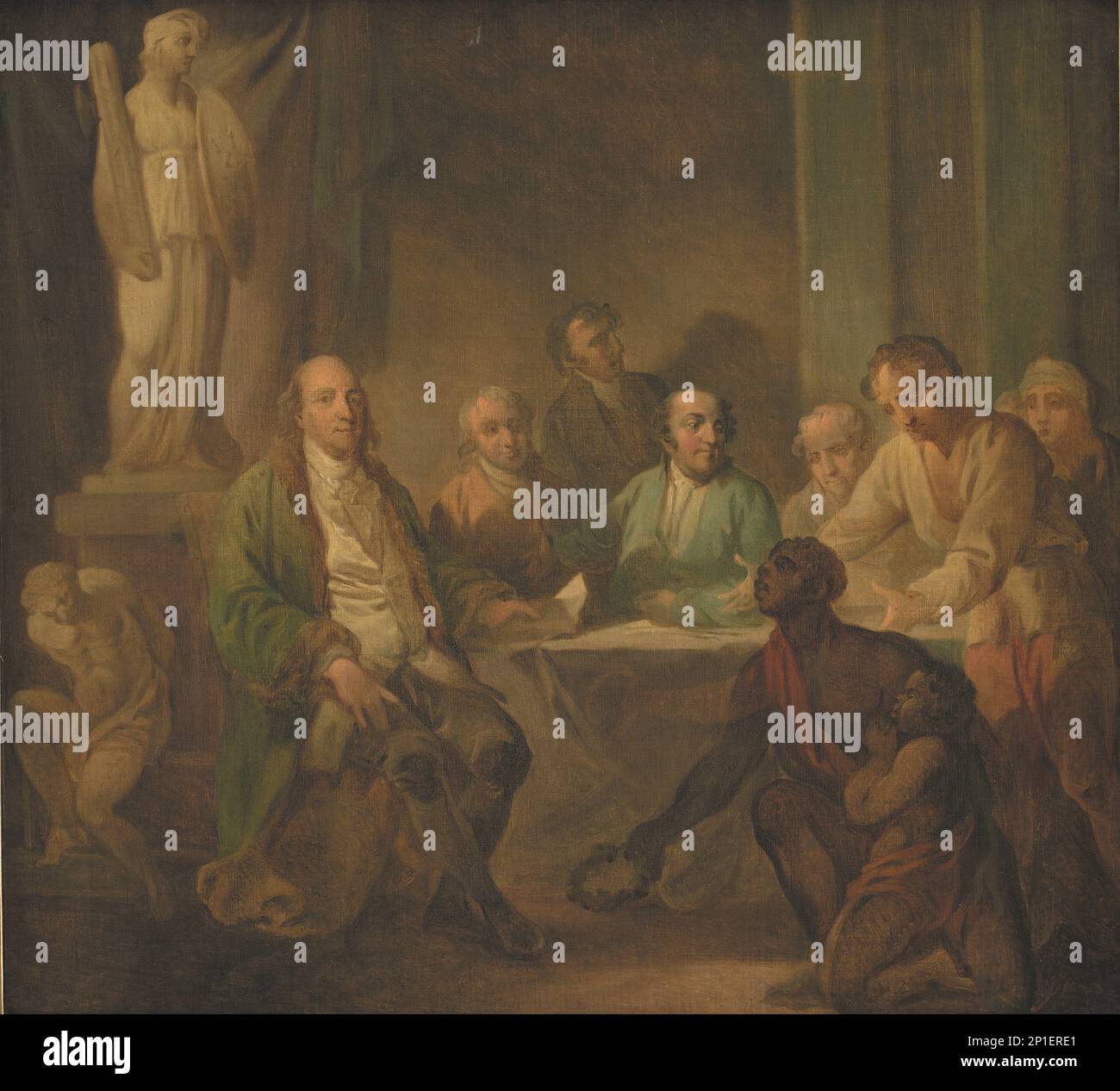 Hommage an Benjamin Franklin, 1790-1799. Ein afroamerikanischer Mann, der Franklin, einem Abolitionisten und einem der Gründerväter der Vereinigten Staaten, Lorbeerkranz anbietet. Stockfoto