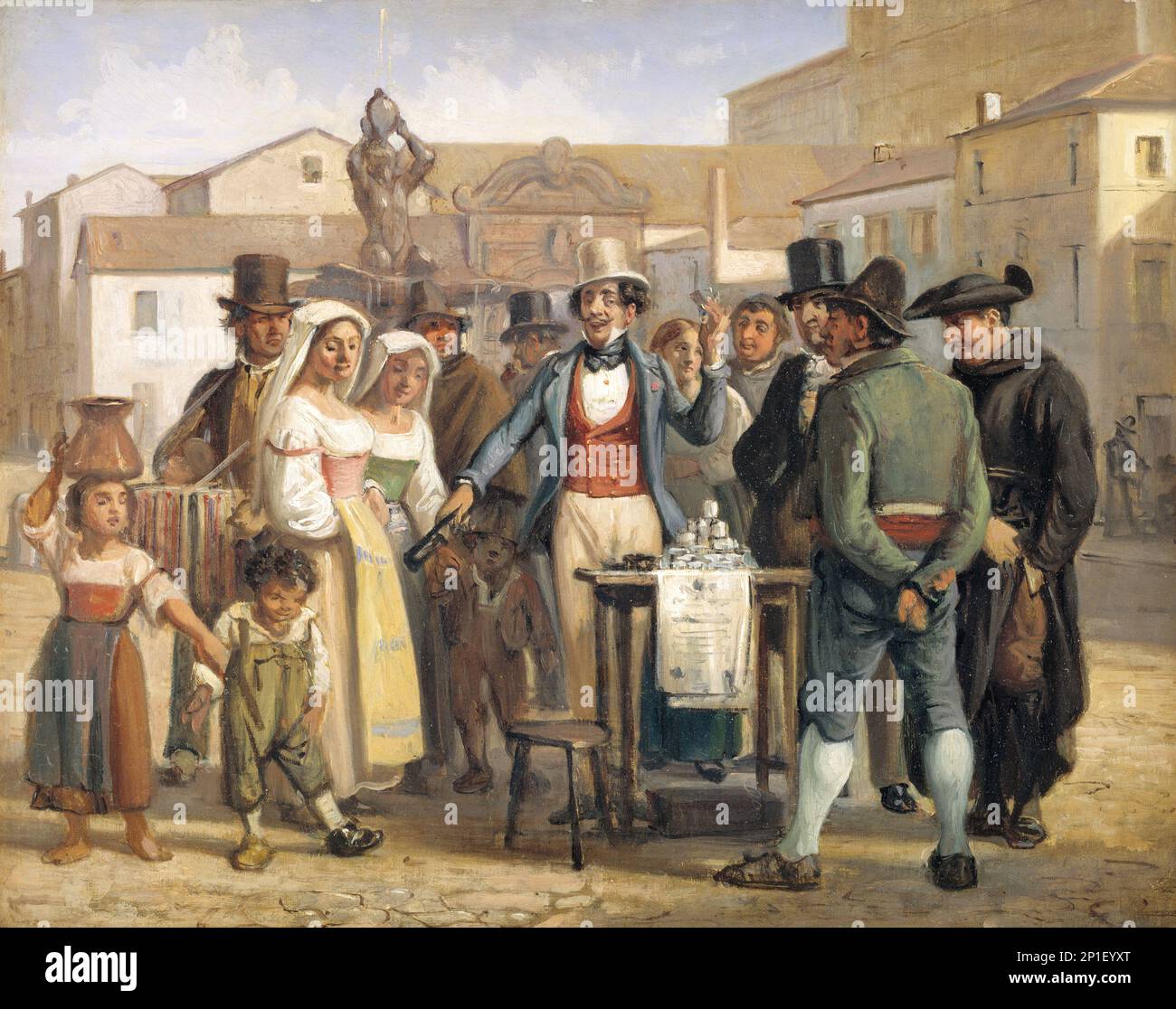 Ein Scharlatan, der schwarz auf der Piazza Barberini in Rom verkauft, 1840-1849. Stockfoto