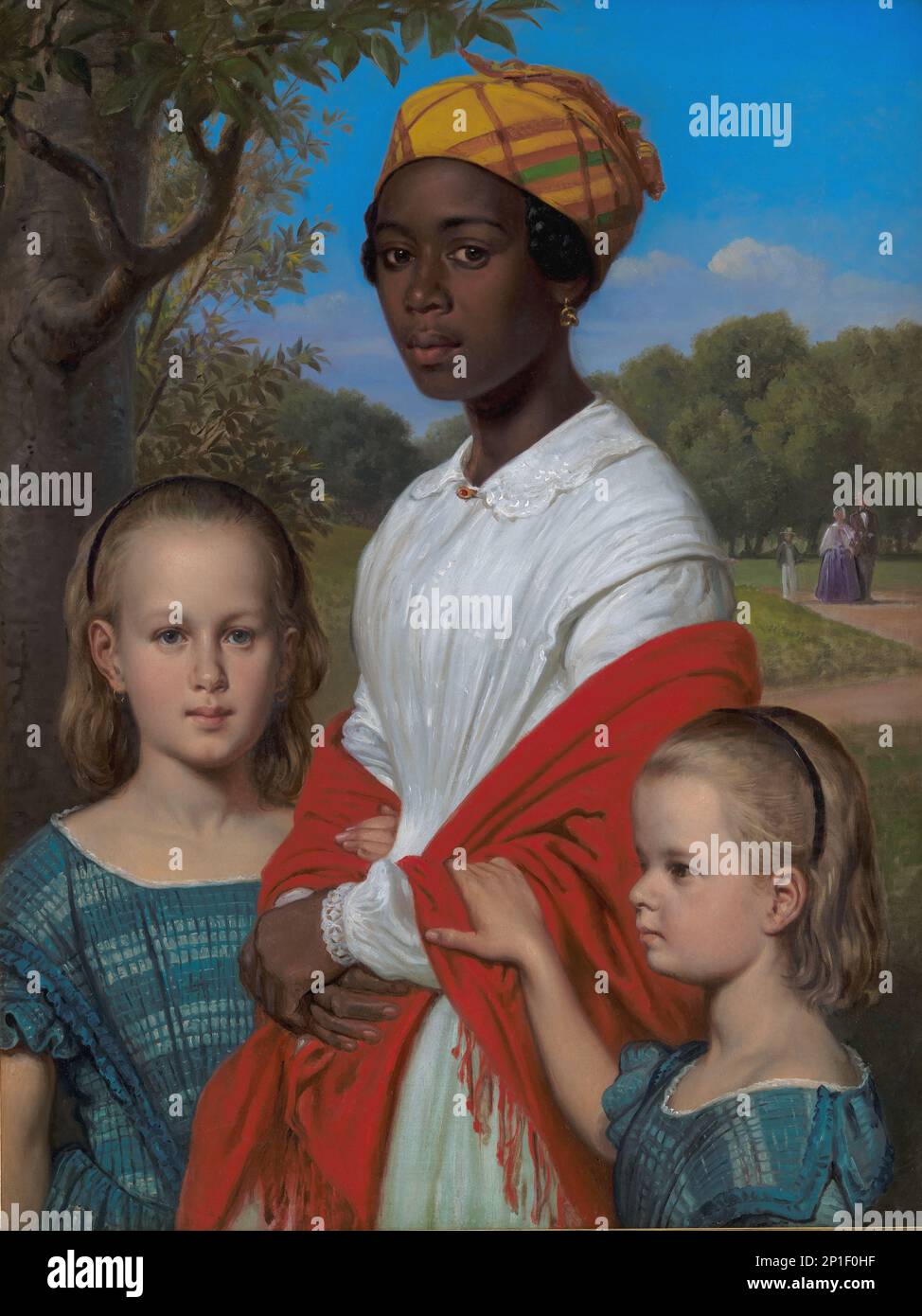 Porträt von Otto Marstrands zwei Töchtern und ihrer westindischen Nanny Justina in den Frederiksberg-Gärten bei Kopenhagen, 1857. Stockfoto
