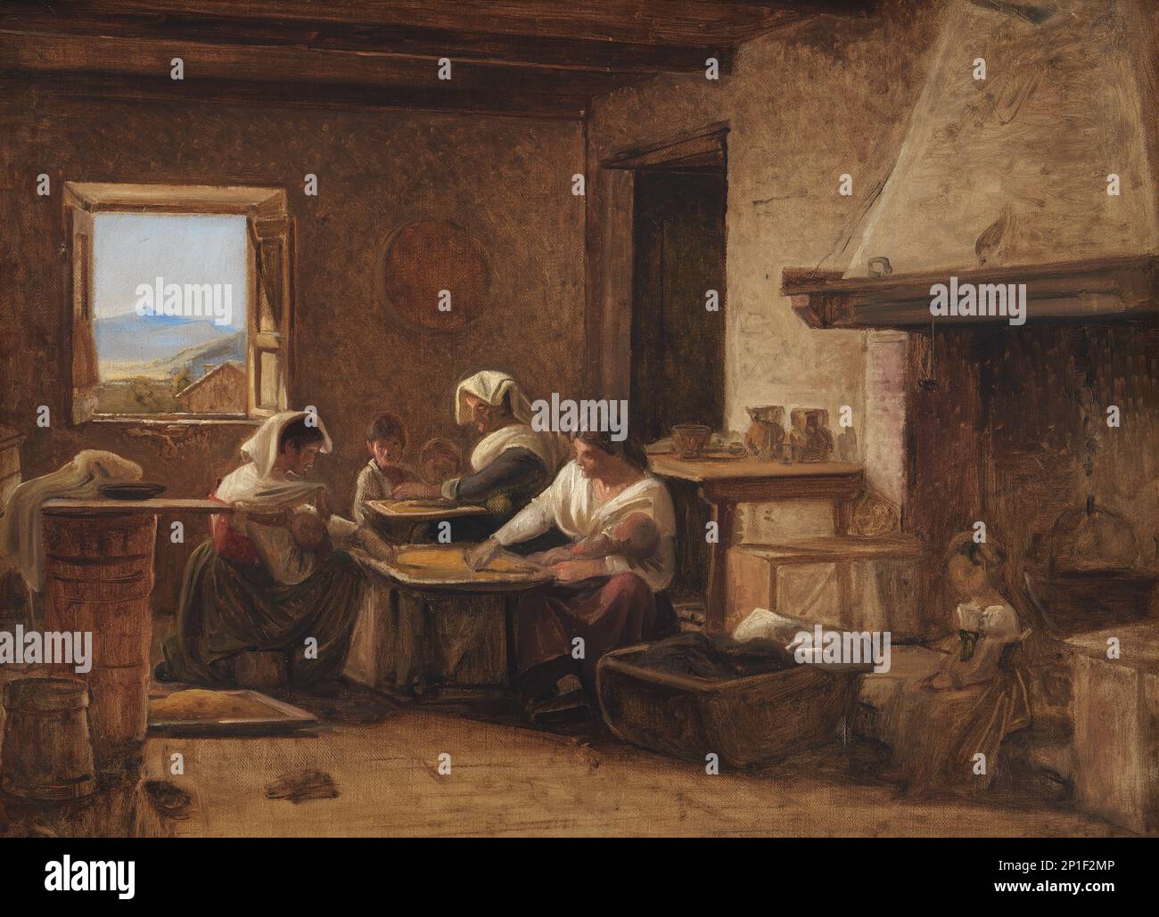 Frauen, die in der Küche eines Bauernhauses in der Nähe von Olevano, Italien, 1845-1848, arbeiten. Stockfoto