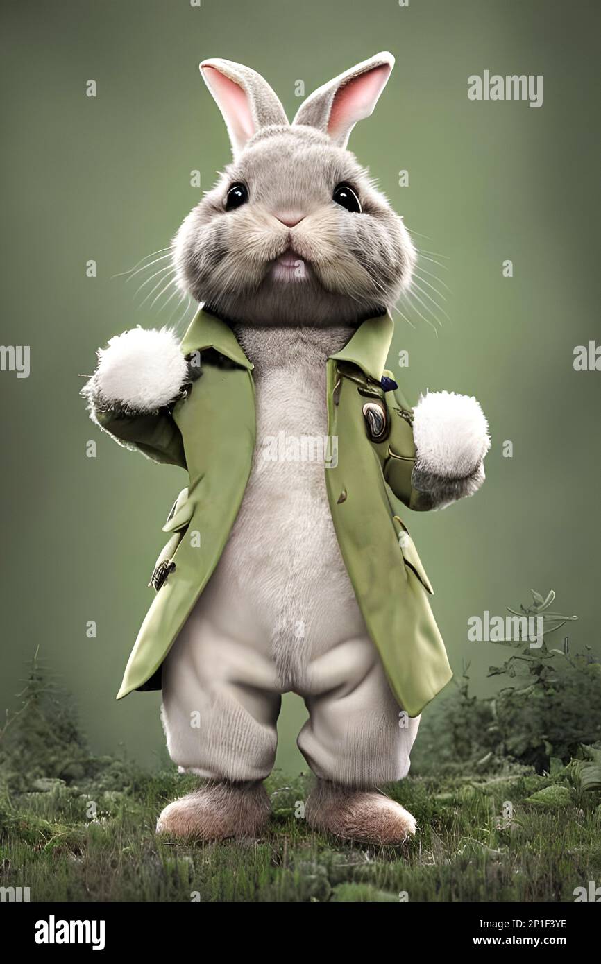 Hase verkleidete anthropomorphe hyperrealistische kleine niedliche und bezaubernde Hase in einem anthropomorphen Porträt von baptiste monge Stockfoto