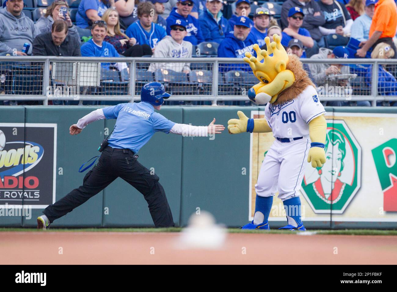 April 20, 2016: Kansas City Royals mascot slugger during the MLB game between the Detroit Tigers and the Kansas City Royals at Kauffman Stadium in Kansas City, Missouri. (Photo by William Purnell/Icon Sportswire) (Icon Sportswire via AP Images) Stockfoto