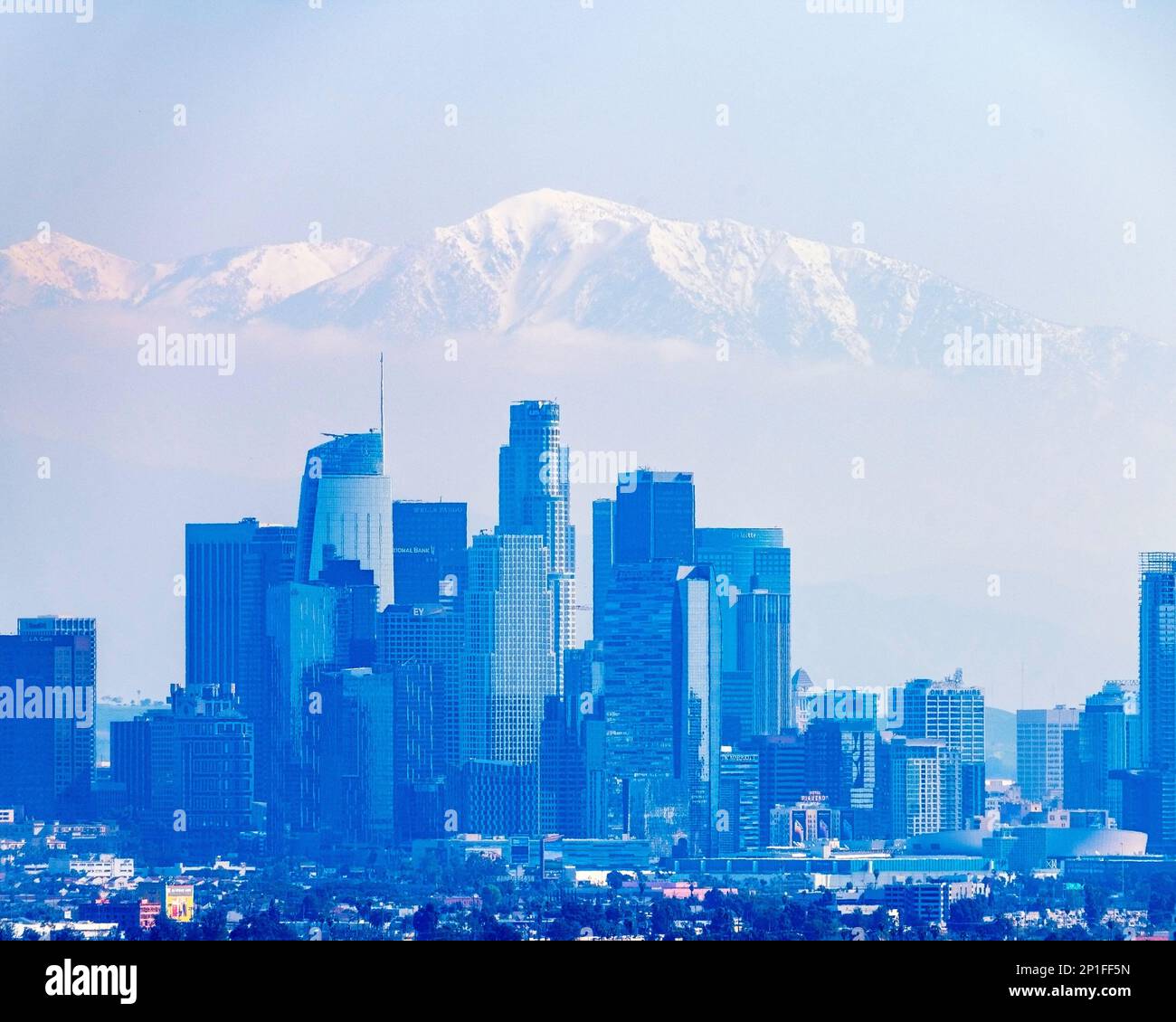 3. März 2023, Los Angeles, CA, USA: Ein Blick auf die Innenstadt VON LOS Angeles mit dem schneebedeckten Gipfel des Mount Baldy und den San Gabriel Mountains dahinter, in Los Angeles, Stockfoto