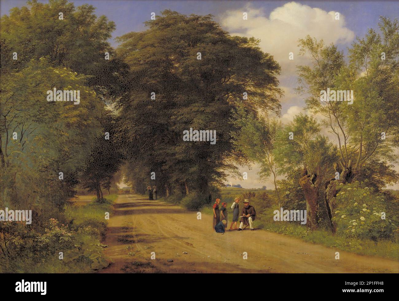 Eine Country Road in der Nähe von Vognserup Manor, Seeland. Der Maler J.th. Lundbye Sketching by the Roadside, 1849. Stockfoto