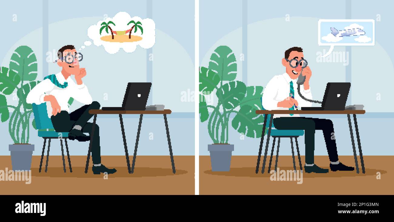 Büroangestellter träumt vom Urlaub und bucht Tickets im Flugzeug Stock Vektor