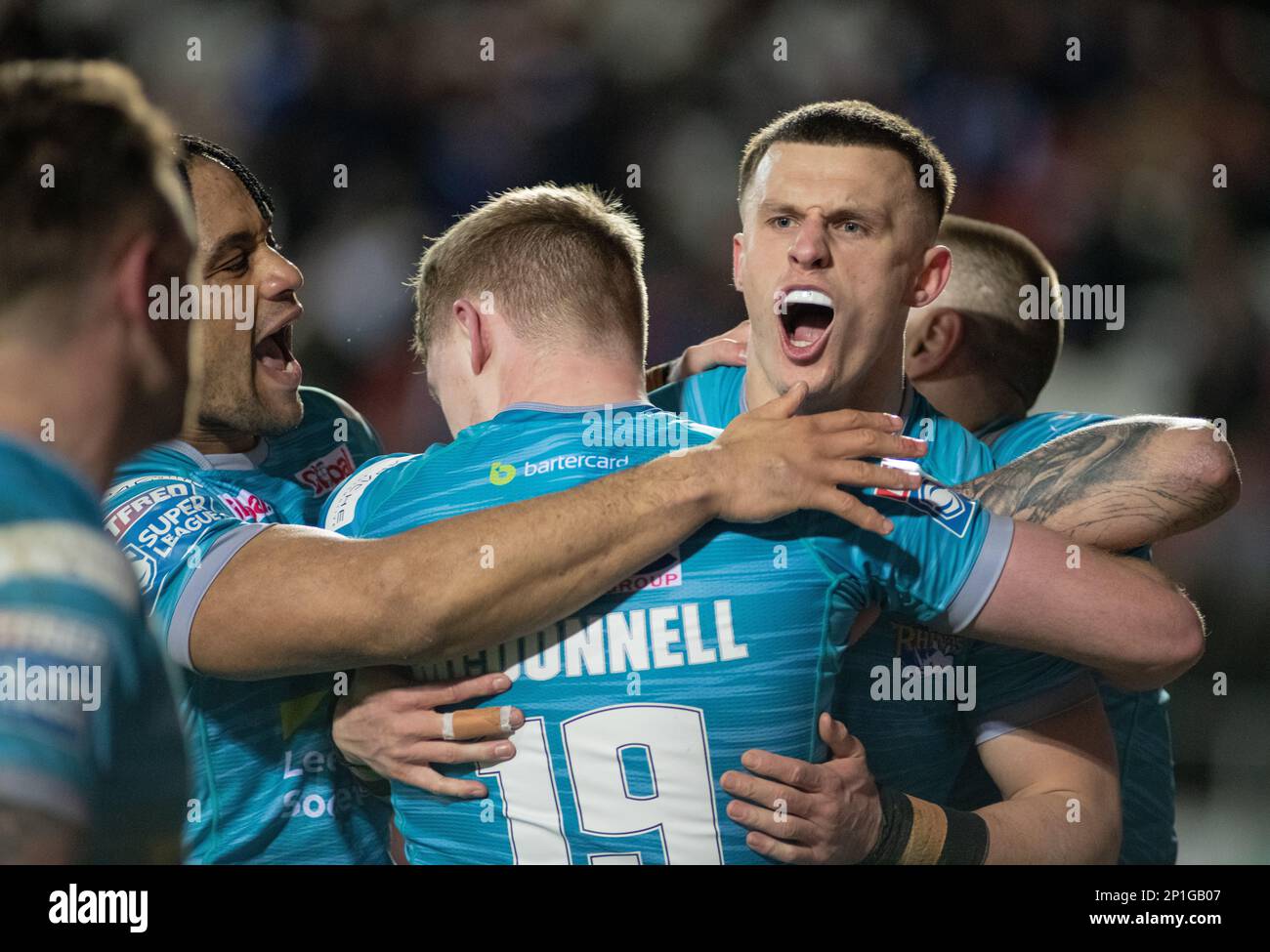 St. Helens, Merseyside, England, 3. März 2023. Leeds feiert Ash Handleys Trie im St. Helens Rugby Football Club V Leeds Rhinos Totally Wicked Stadium in der Betfred Super League. (Bild: ©Cody Froggatt/Alamy Live News) Stockfoto