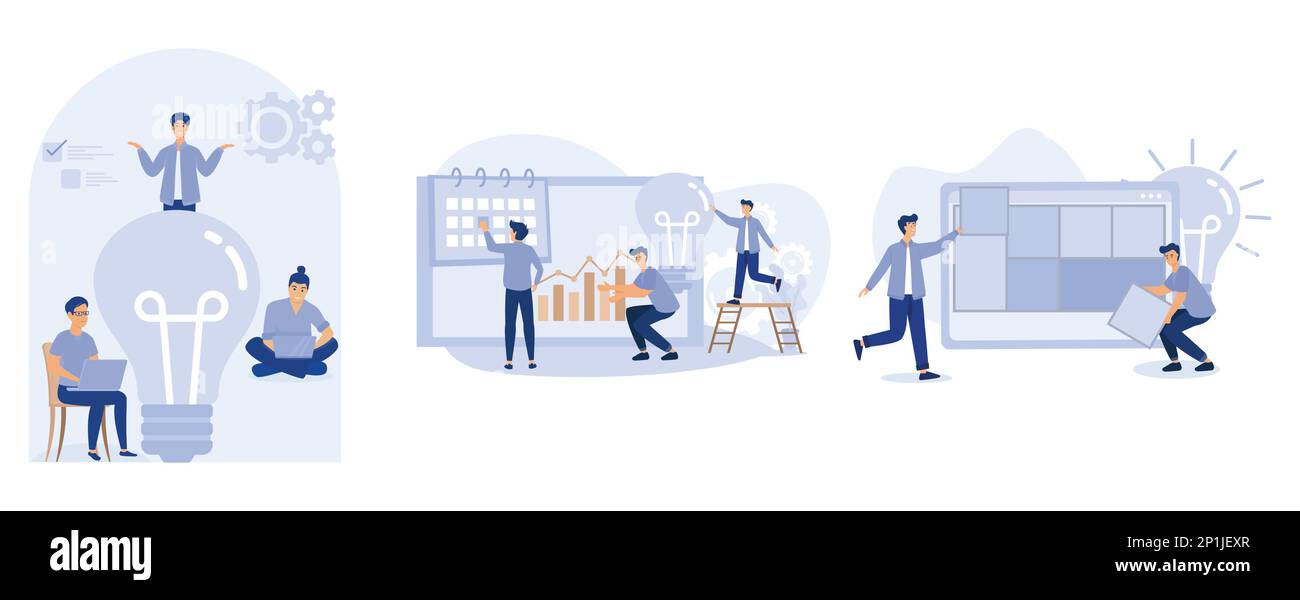 Projektlebenszykluskonzept, Projektplanung, Konstruktionsstrukturmatrix, Aufgabenzuweisung, Business Case, Geschäftsanalyse, visuelle Darstellung, Set Stock Vektor