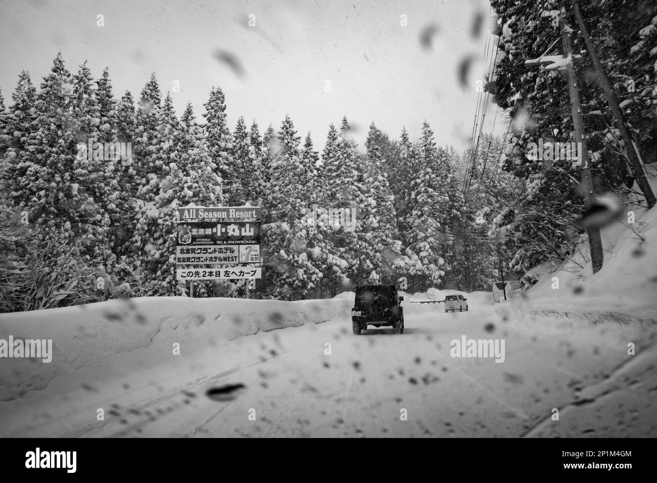 Yamanouchi, Präfektur Nagano, Japan. 15. Februar 2023. Schneesturmwetter haben auf dem Bergpass zum Ryuoo Ski Park auf Shiga Kogen in der Nähe des Mount Yakebitai eine Winterwunderlandschaft ausgelöst. Die Präfektur Nagano war Austragungsort der Olympischen Winterspiele 1998 und führte Snowboarden in die Welt als olympische Sportart ein. Die Gegend ist sowohl bei japanischen Skifahrern als auch bei internationalen Snowboardern wegen der Qualität des Pulverschnee und der unberührten Skibedingungen im Hinterland beliebt. (Kreditbild: © Taidgh Barron/ZUMA Press Wire) NUR REDAKTIONELLE VERWENDUNG! Nicht für den kommerziellen GEBRAUCH! Stockfoto