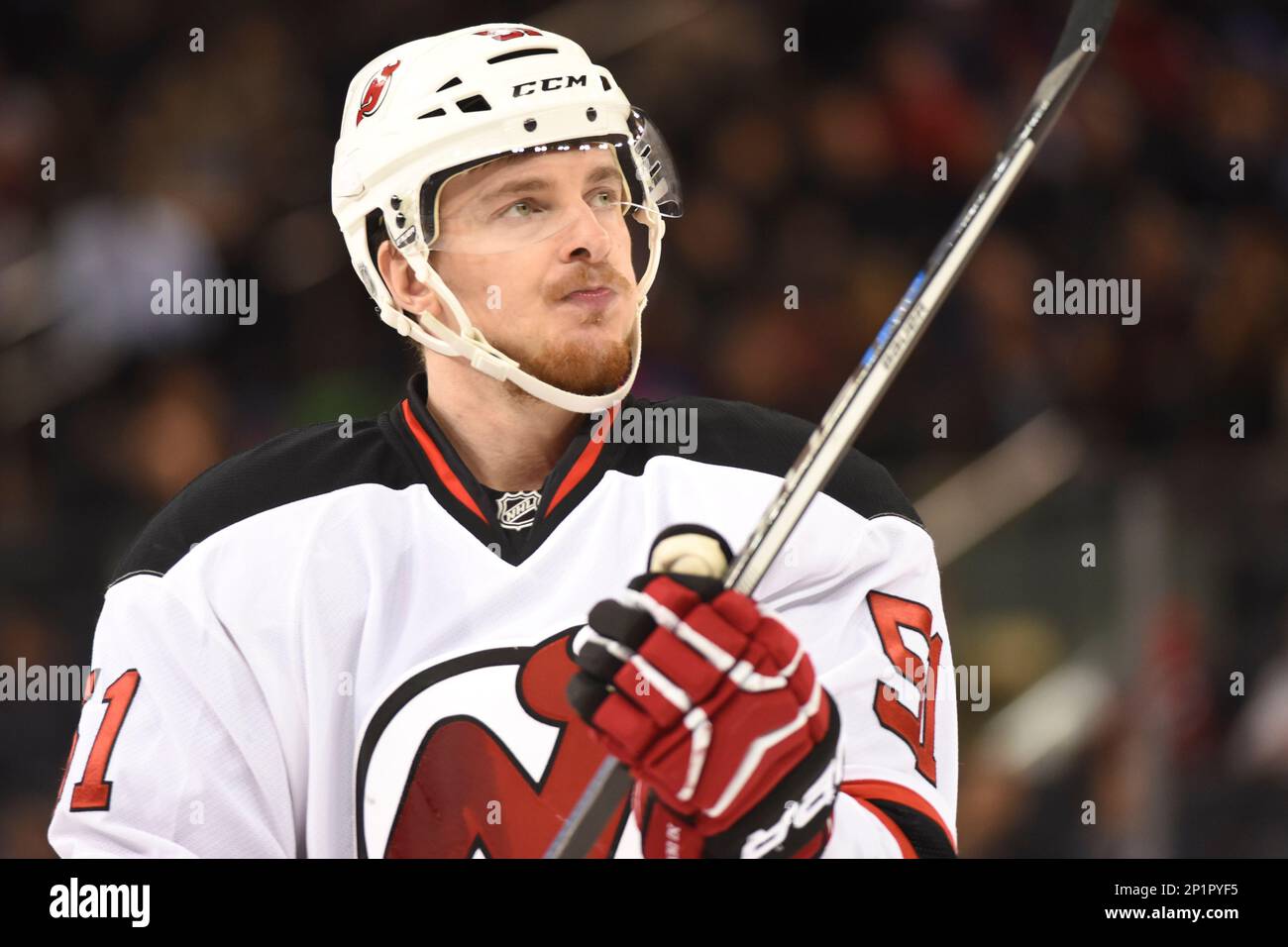 February 08, 2016: New Jersey Devils center Sergey Kalinin (51) looks on during the game between The New York Rangers and The New Jersey Devils at Madison Square Garden in Manhattan, New York . Mandatory credit: Kostas Lymperopoulos/CSM (Cal Sport Media via AP Images) Stockfoto