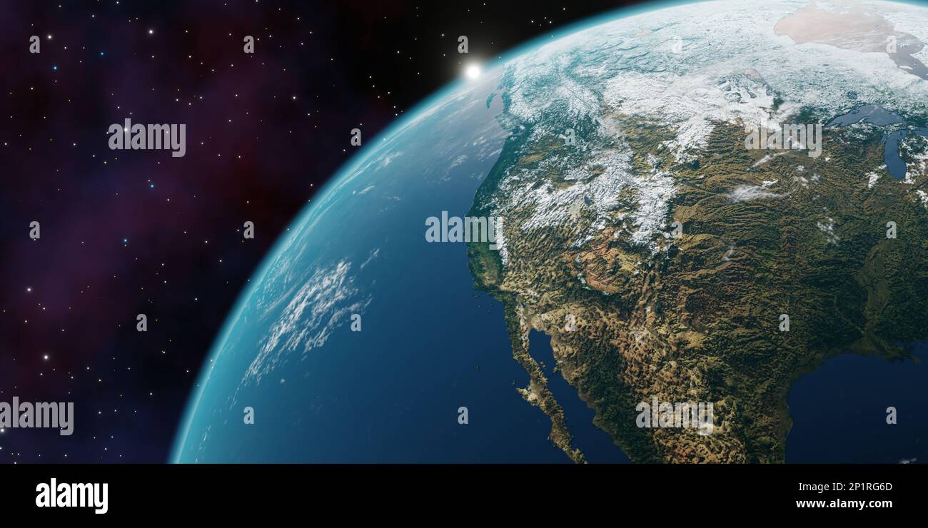 Wunderschöner 3D Erde Planet 3D Rendern. Konzept des Klimawandels, dunkle Nacht, Stadtlichter, Sonnenaufgang. Satelliten, Sterne, Nebel und Galaxie Stockfoto