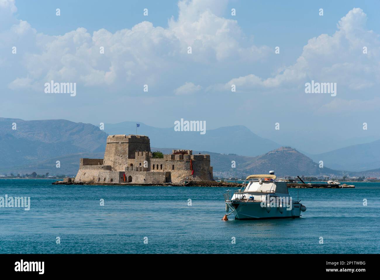 Festungsinsel Bourtzi, Nafplio, Argolis, Peloponnes, Griechenland, Nauplia, Nauplion, Nafplion, Bourtsi Stockfoto