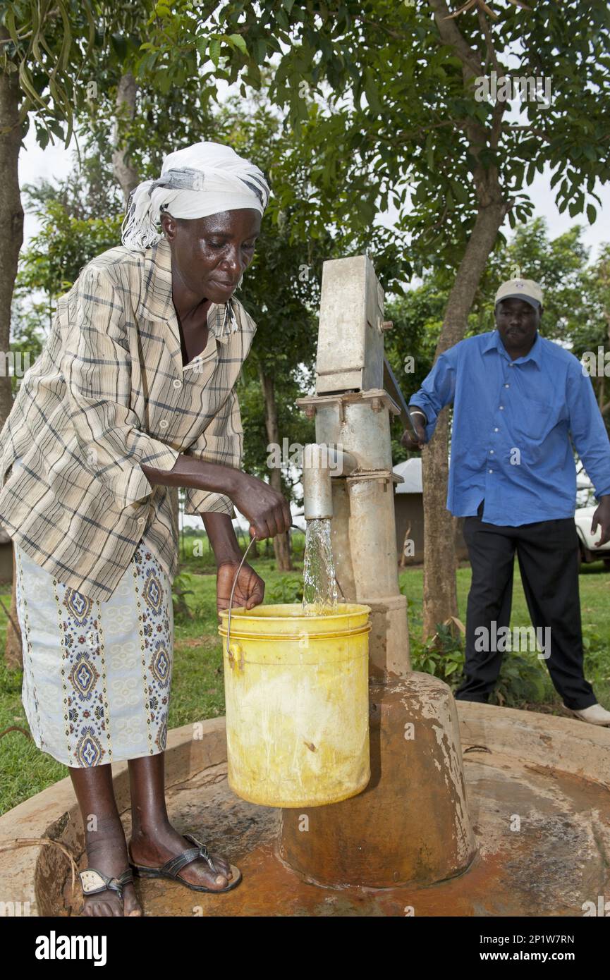 Frau, die Eimer mit klarem Wasser am Brunnen einer Handpumpe im Dorf Kenia füllt Stockfoto
